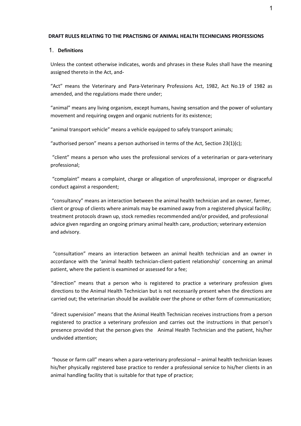 Draft Rules Relating to the Practising of Animal Health Techniciansprofessions