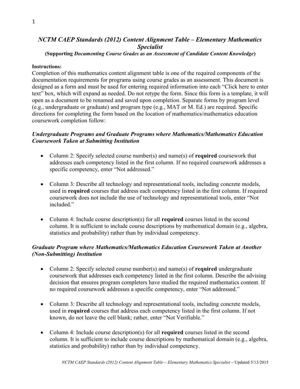 NCTM CAEP Standards (2012) Content Alignment Table Elementary Mathematics Specialist