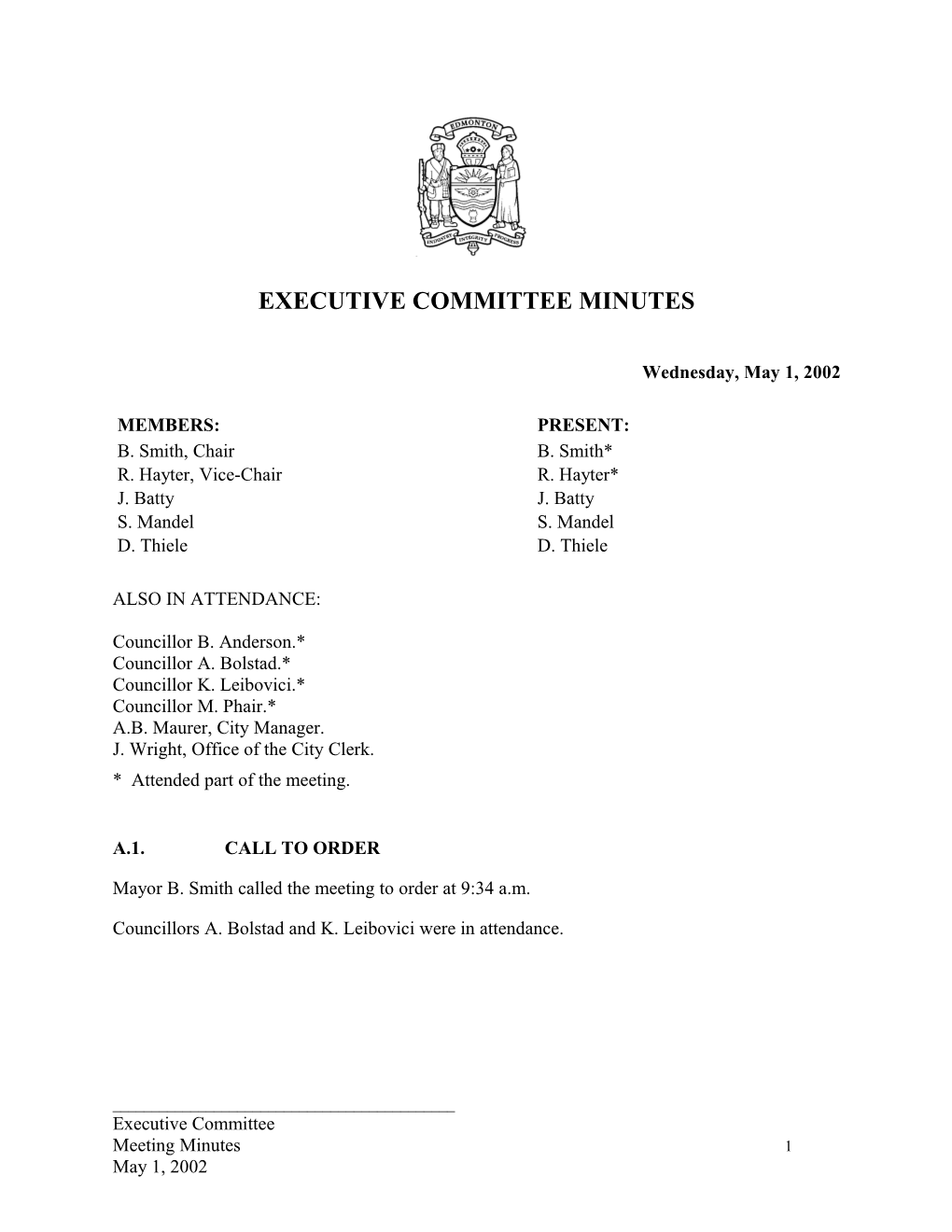 Minutes for Executive Committee May 1, 2002 Meeting