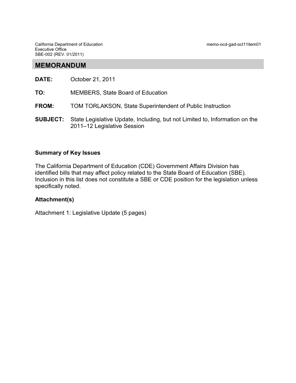 October 2011 Memorandum GAD Item 1 - Information Memorandum (CA State Board of Education)