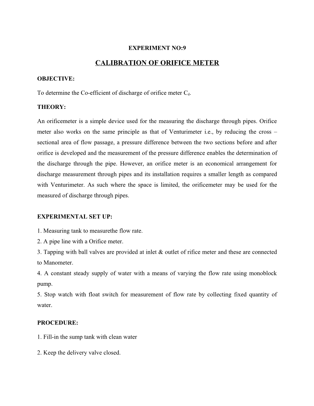 Calibration of Orifice Meter