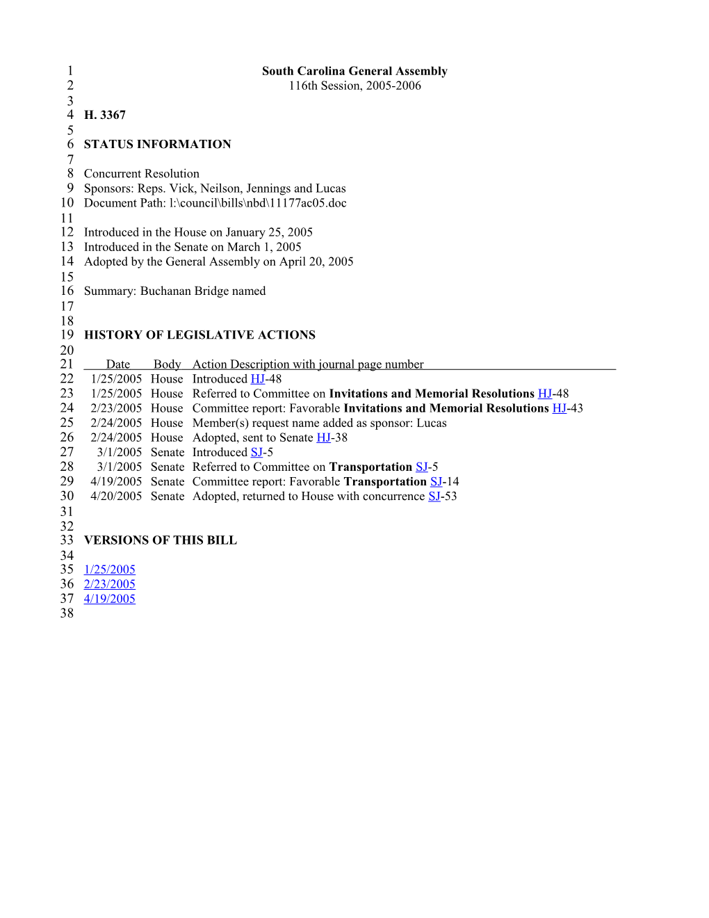 2005-2006 Bill 3367: Buchanan Bridge Named - South Carolina Legislature Online