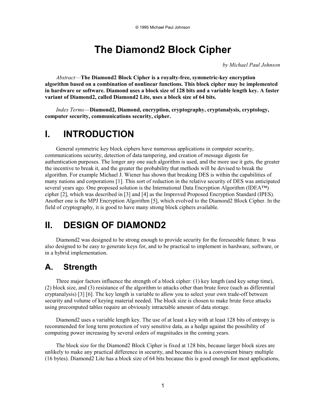 The Diamond2 Block Cipher