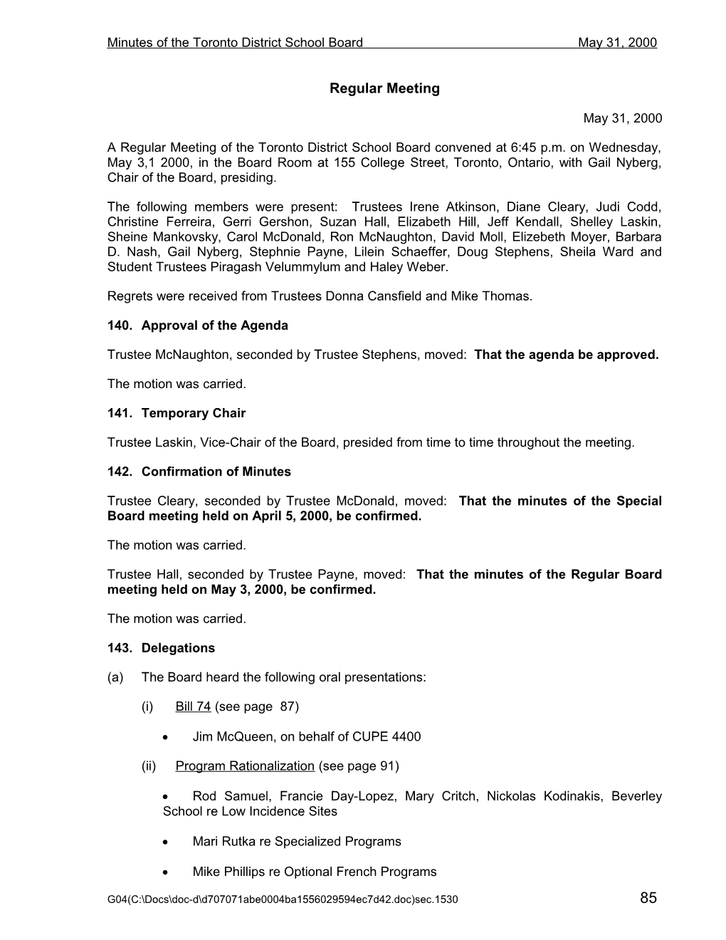 Minutes of the Toronto District School Boardmay 31, 2000