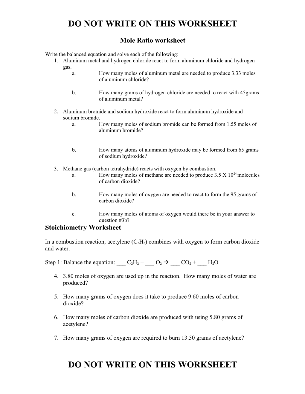 Mole Ratio Worksheet