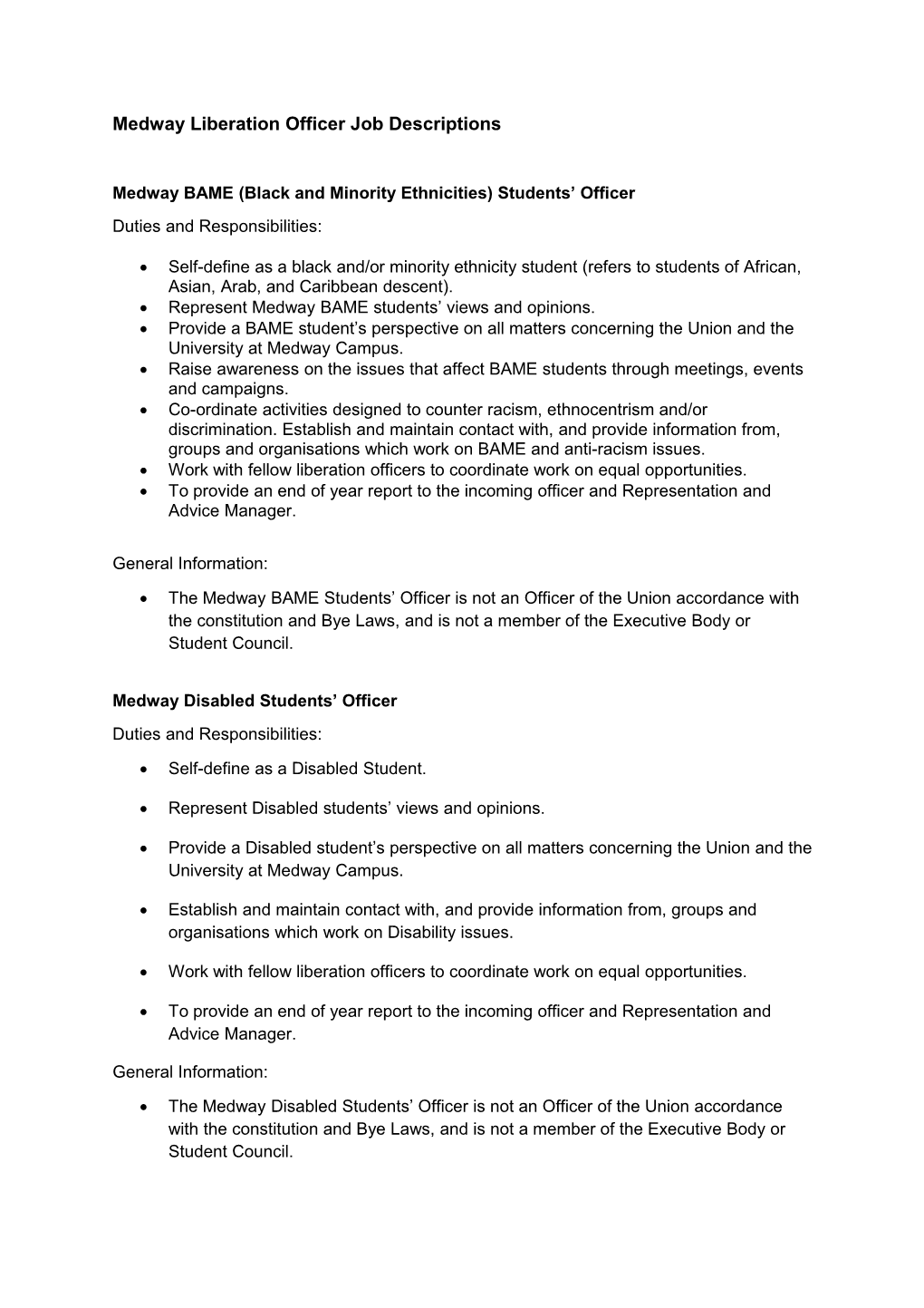 Medway Liberation Officer Job Descriptions