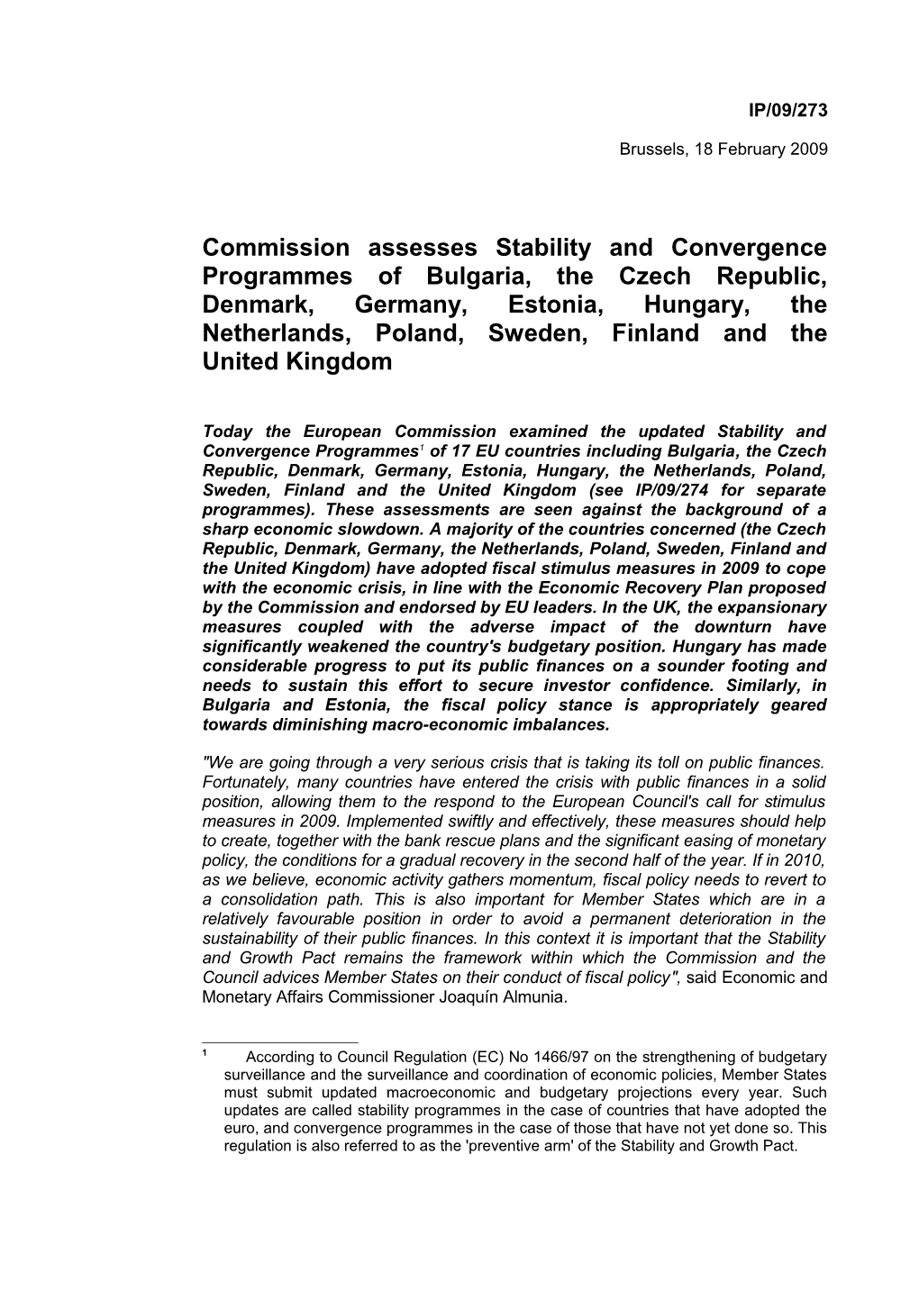 Commission Assesses Stability and Convergence Programmes of Bulgaria, the Czech Republic