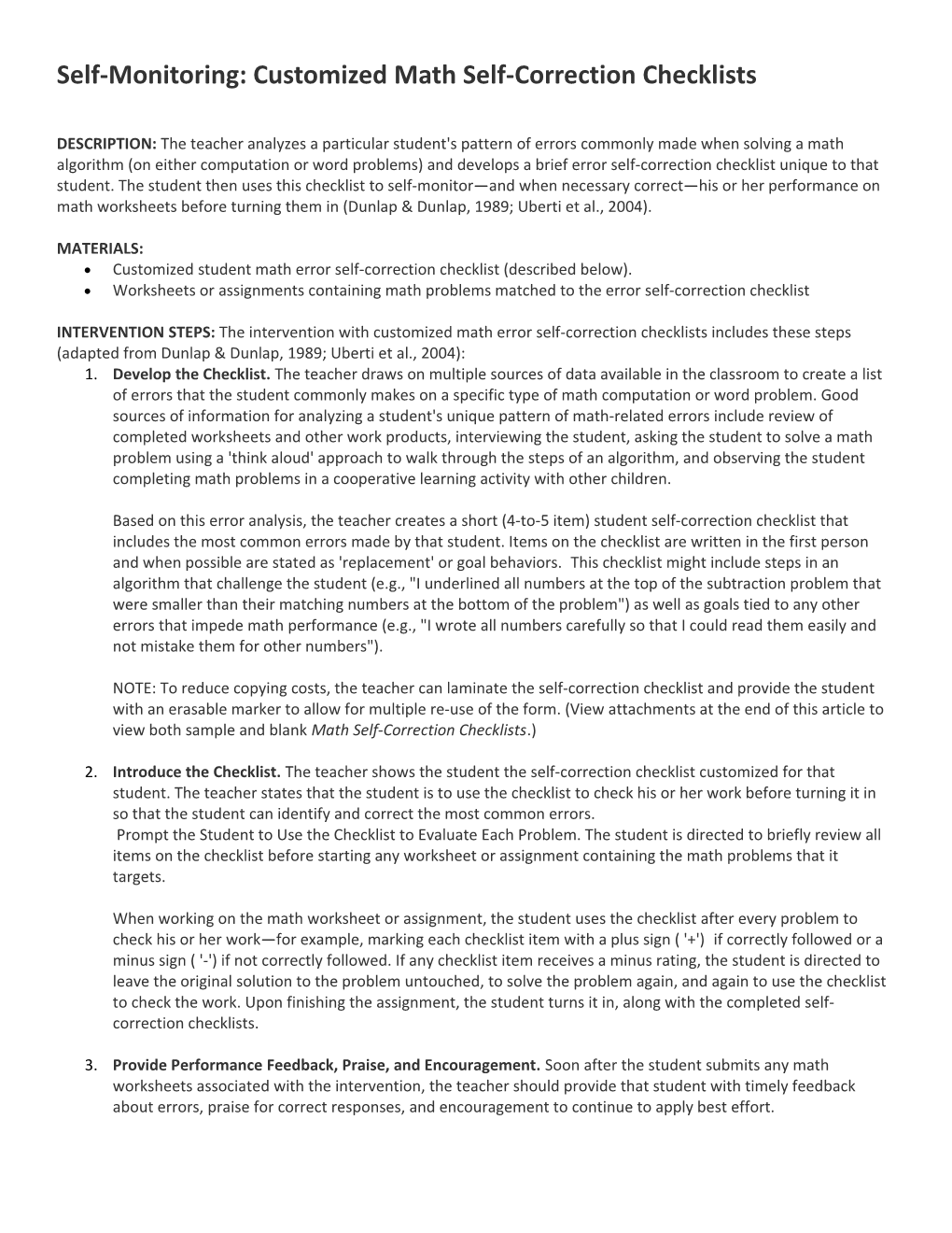 Self-Monitoring: Customized Math Self-Correction Checklists