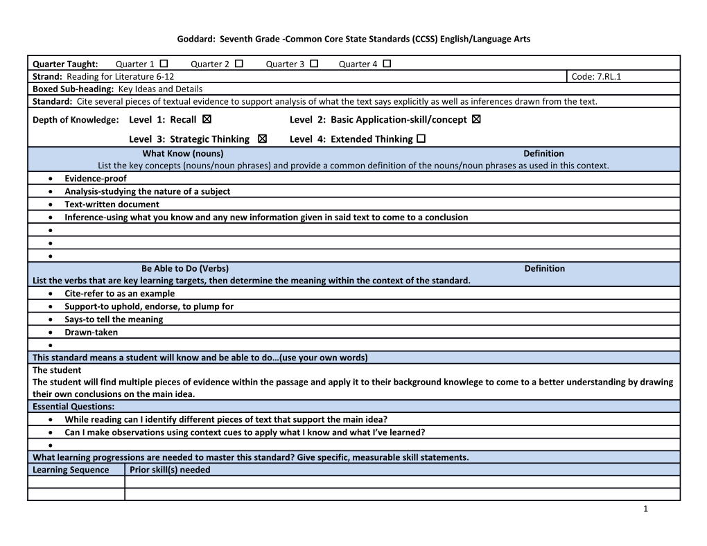 Goddard: Seventh Grade -Common Core State Standards (CCSS) English/Language Arts