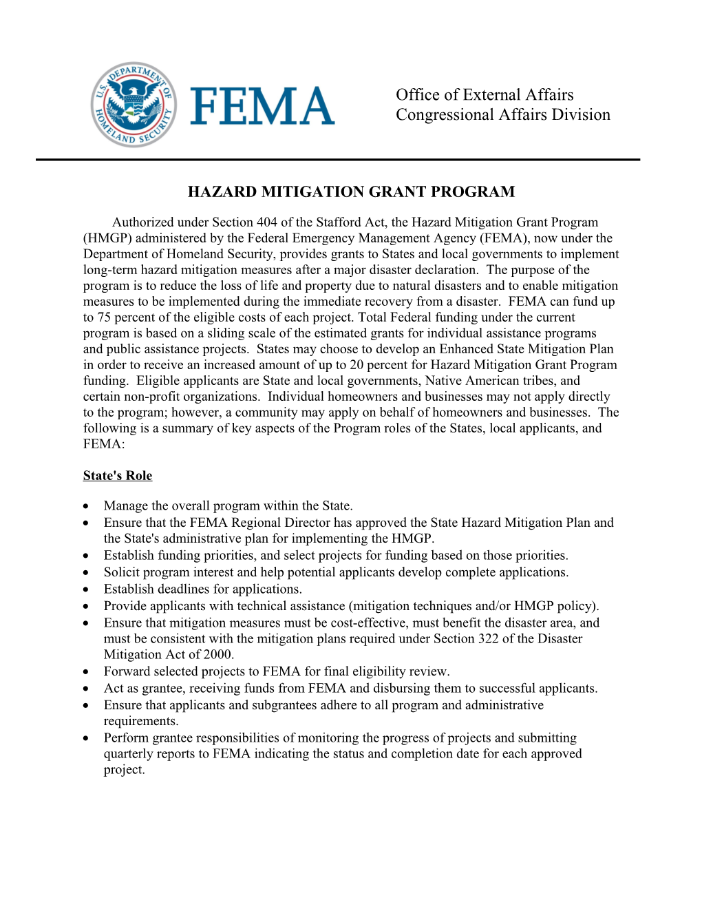 Hazard Mitigation Grant Program Summary