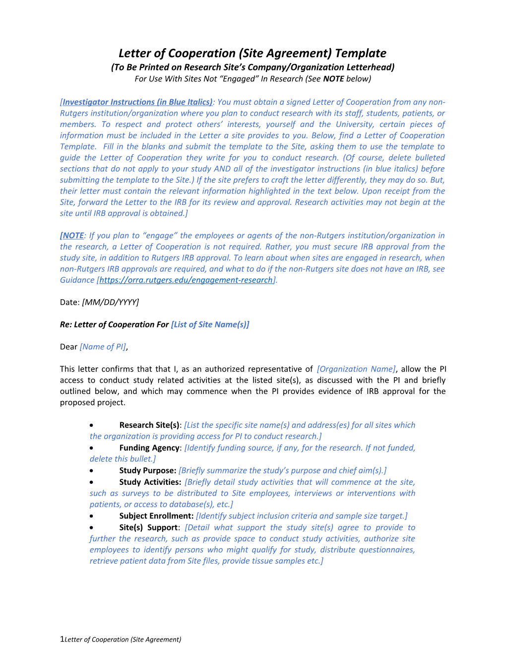 Letter of Cooperation (Site Agreement) Template