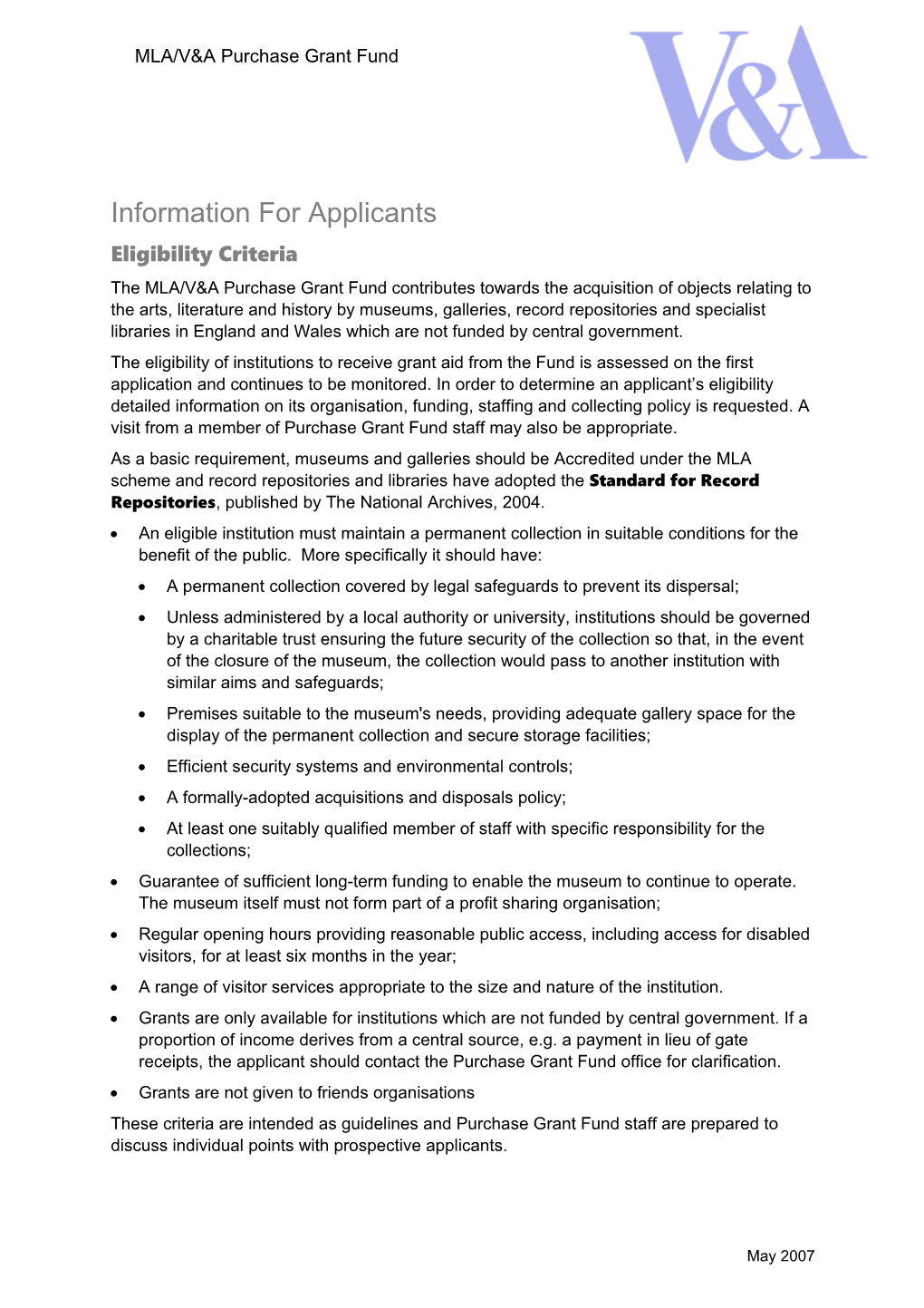 MLA/V&A Purchase Grant Fund