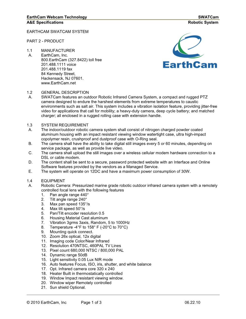 Earthcam Webcam Technology Swatcam A&E Specifications Robotic System