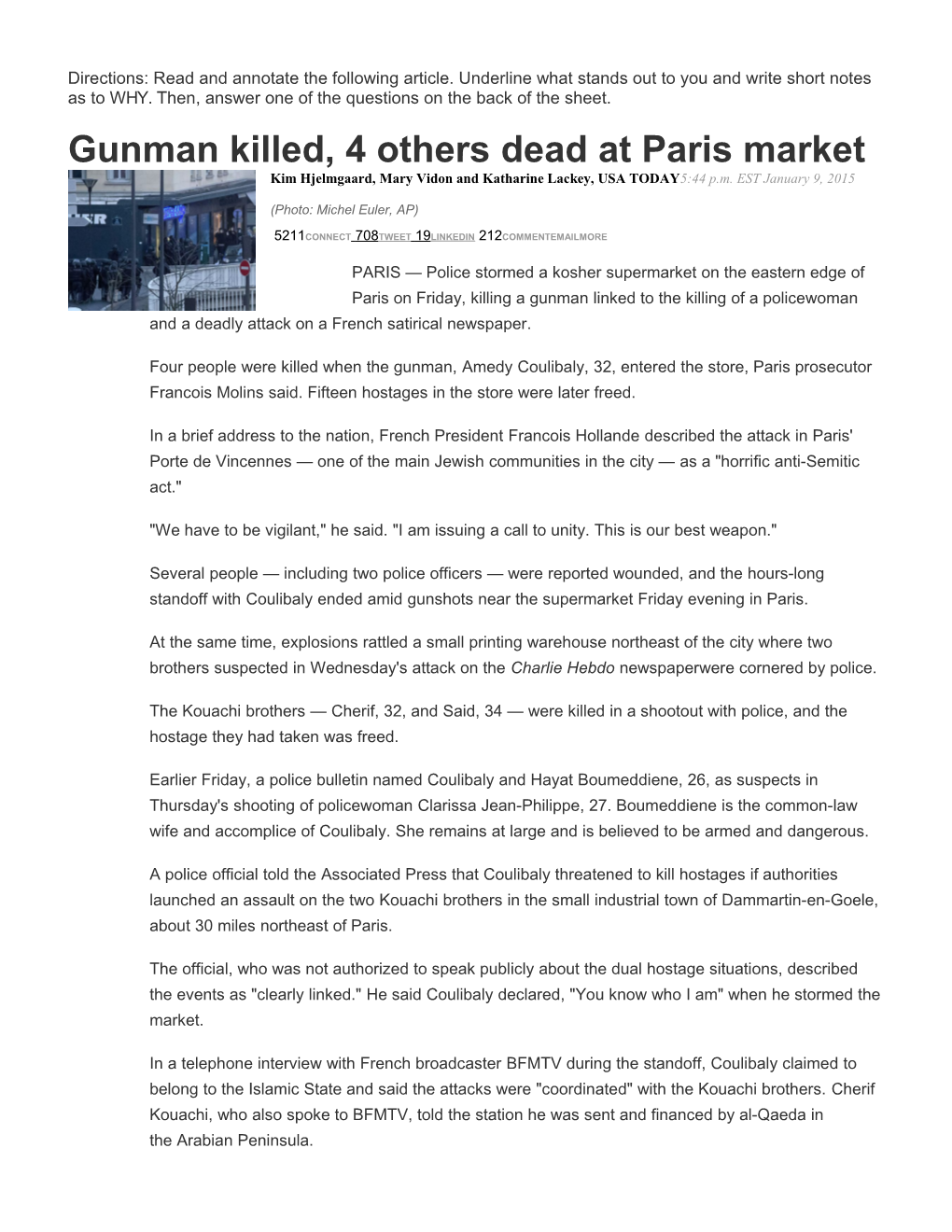 Gunman Killed, 4 Others Dead at Paris Market