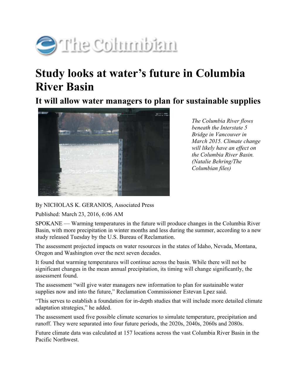 Study Looks at Water S Future in Columbia River Basin
