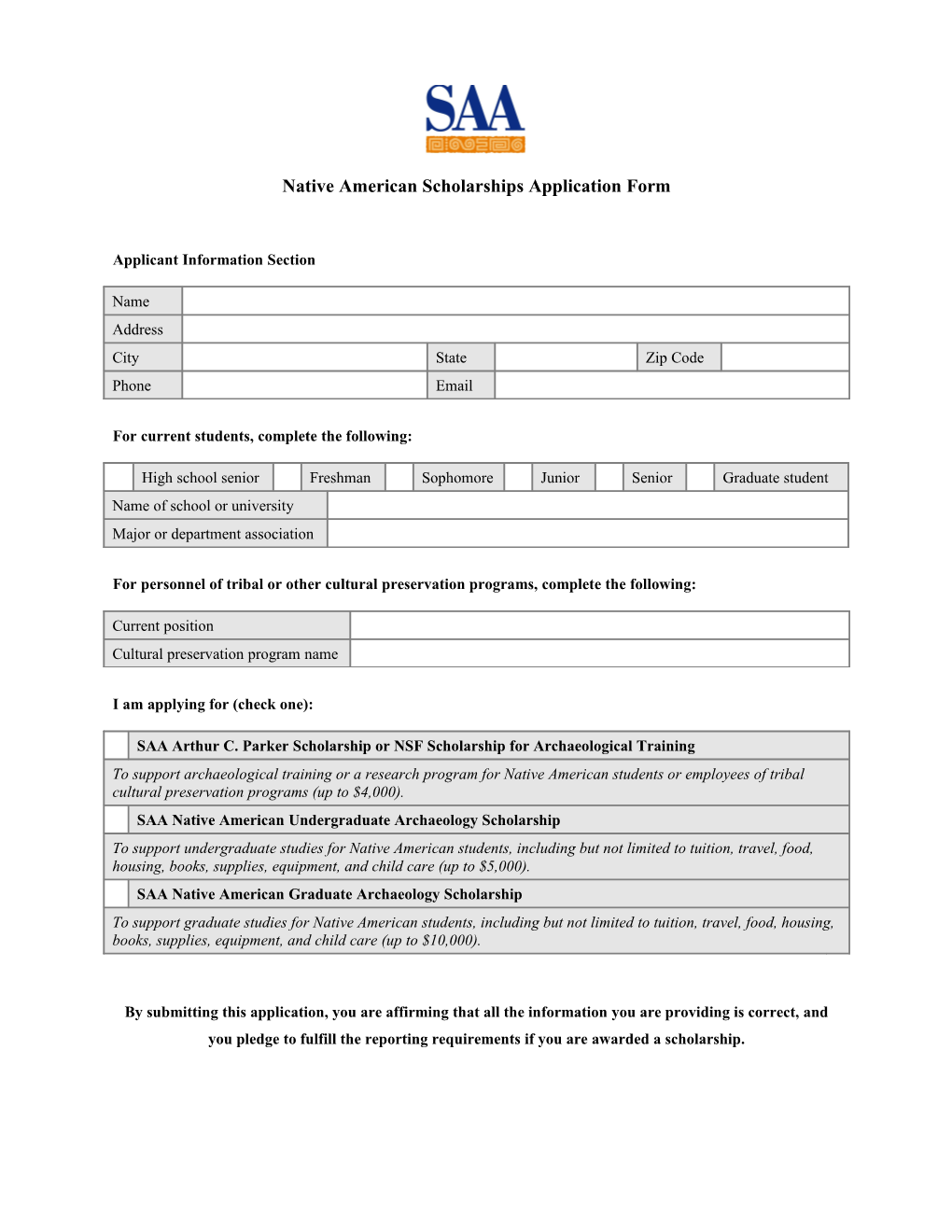 Native American Scholarships Application Form
