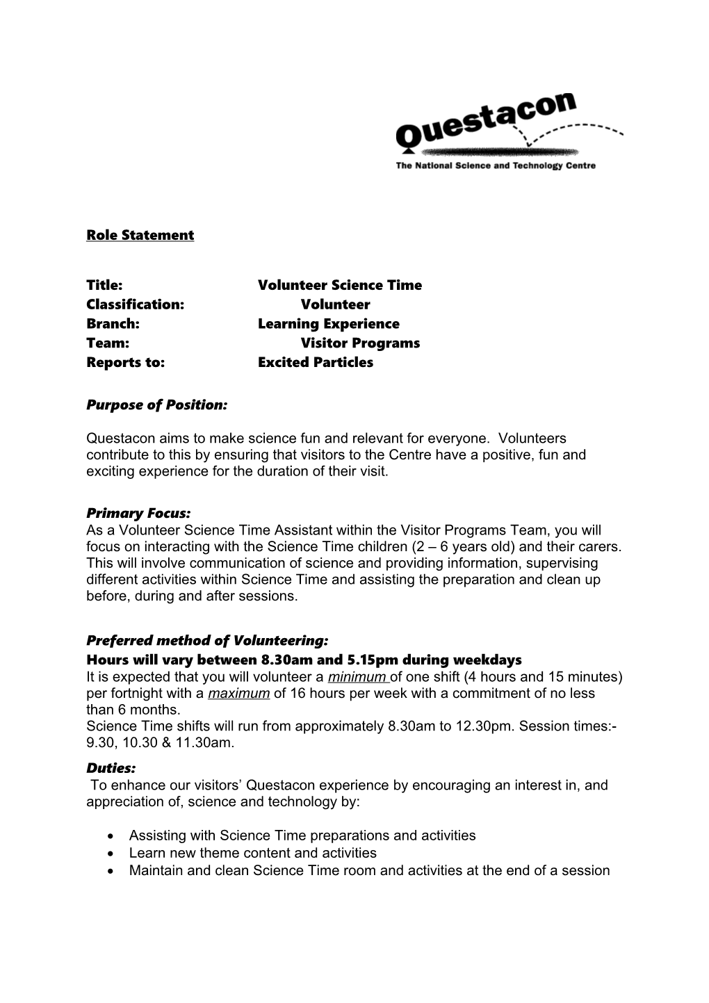 Position- Volunteer Explainer Duty Statement