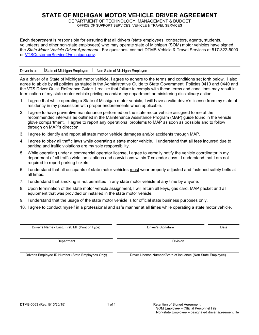 Motor Vehicle Driver Agreement