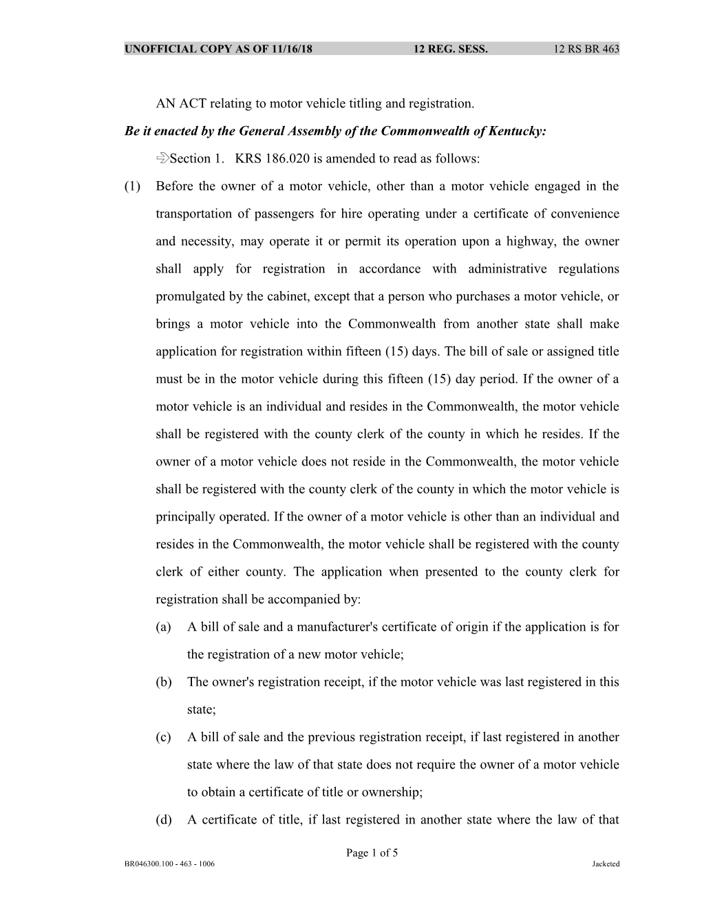 AN ACT Relating to Motor Vehicle Titling and Registration