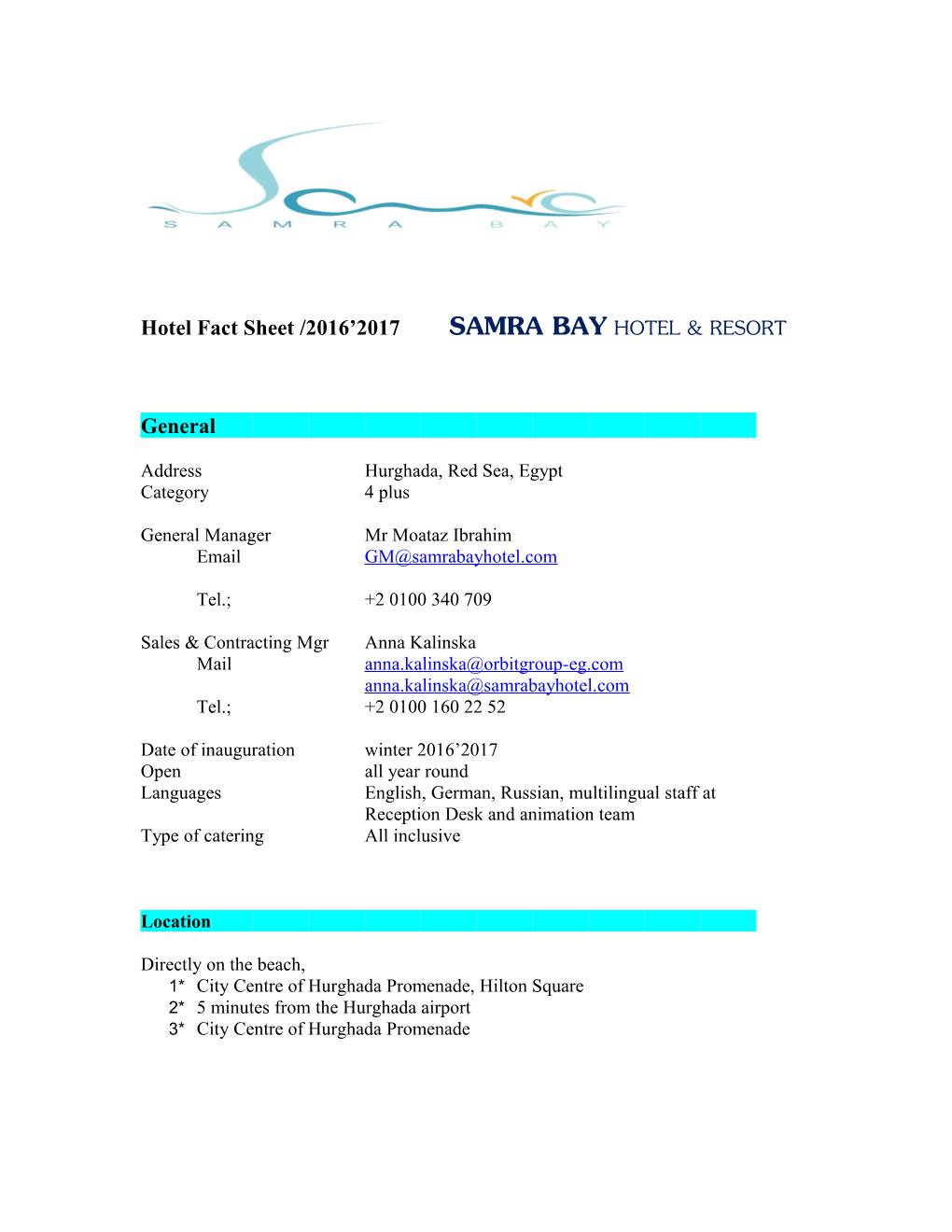 Hotel Fact Sheet /2016 2017 SAMRABAY HOTEL & RESORT