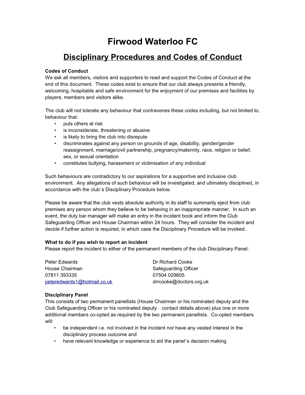 Disciplinary Procedures and Codes of Conduct