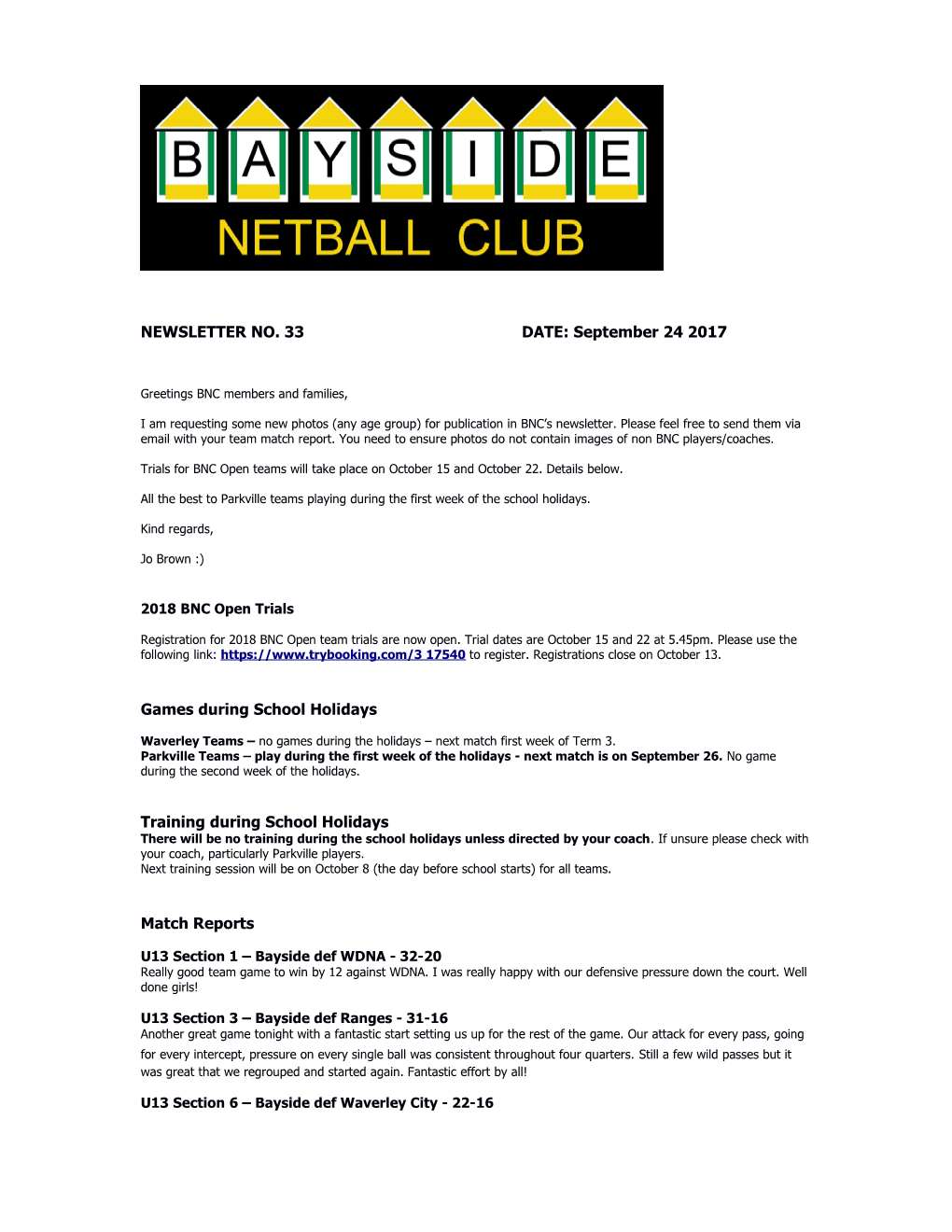 NEWSLETTER NO. 33 DATE: September 24 2017