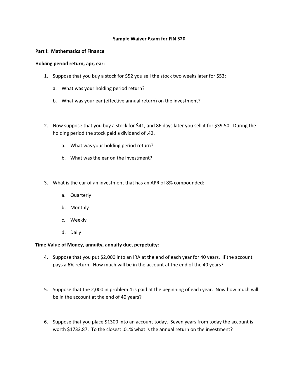 Sample Waiver Exam for FIN 520