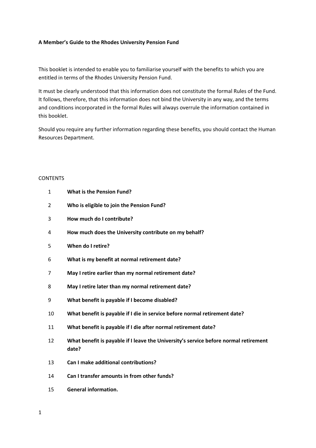 A Member S Guide to the Rhodesuniversity Pension Fund