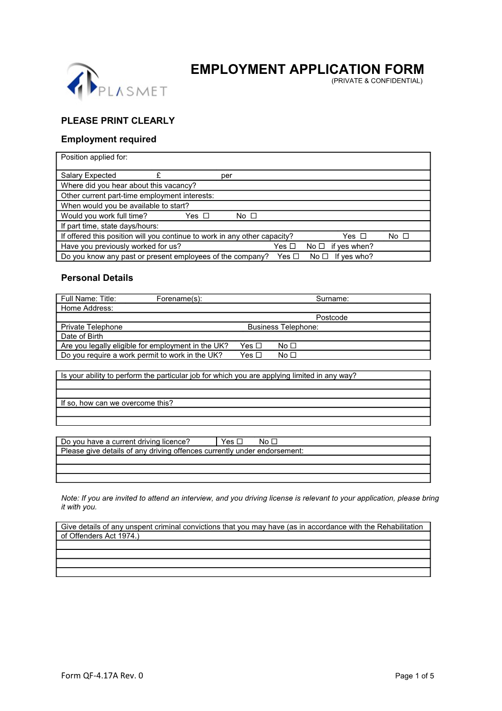 Employment Application Form (Private & Confidential)