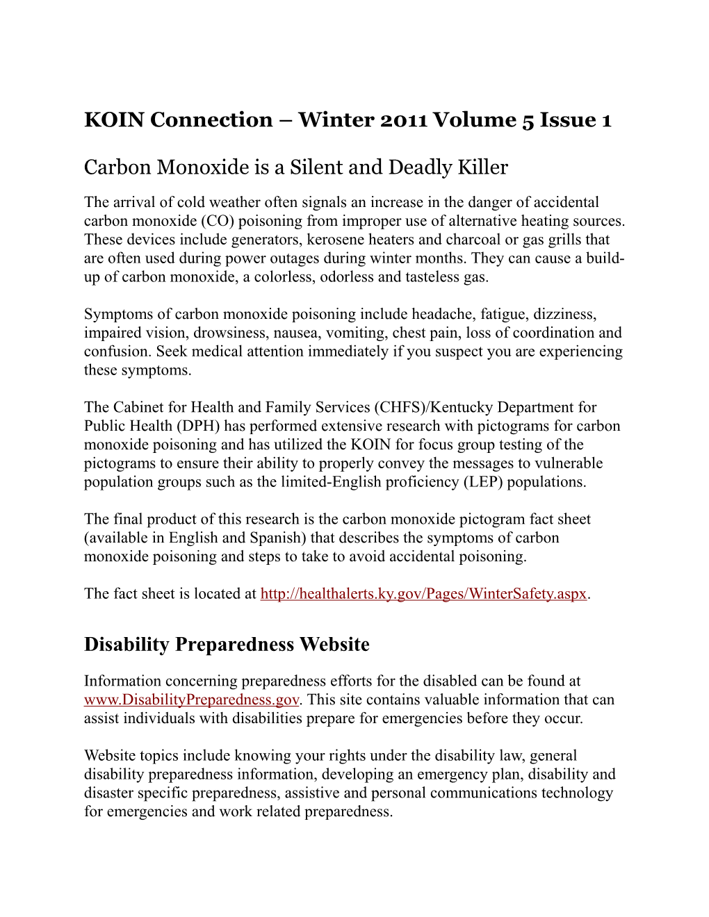 KOIN Connection Winter 2011 Volume 5 Issue 1
