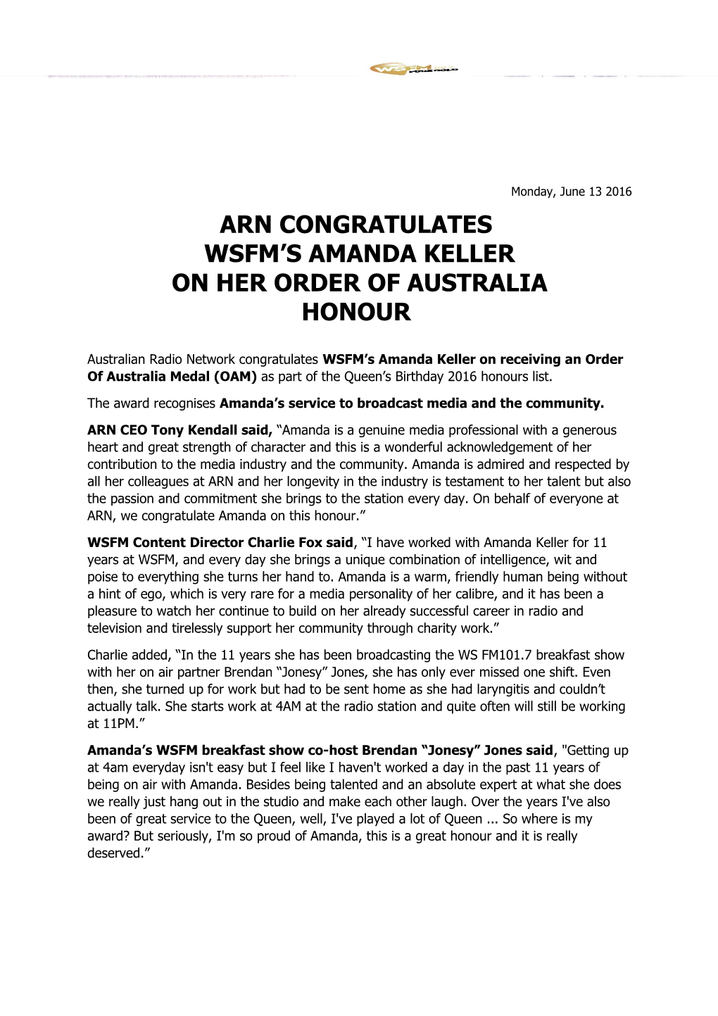 Arn Congratulates Wsfm S Amanda Keller on Her Order of Australia Honour