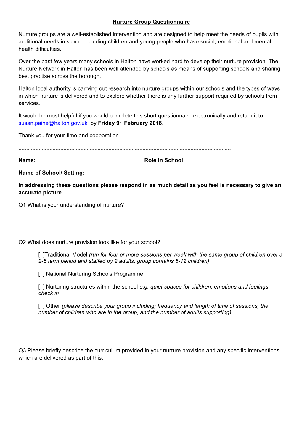 Nurture Group Questionnaire