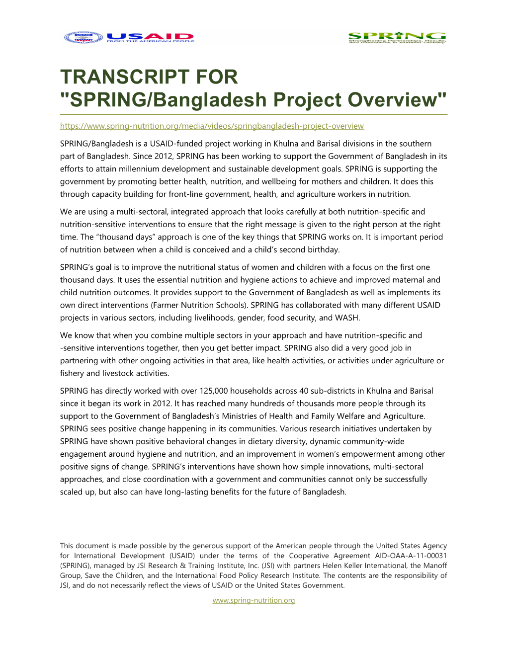 TRANSCRIPT for SPRING/Bangladesh Project Overview