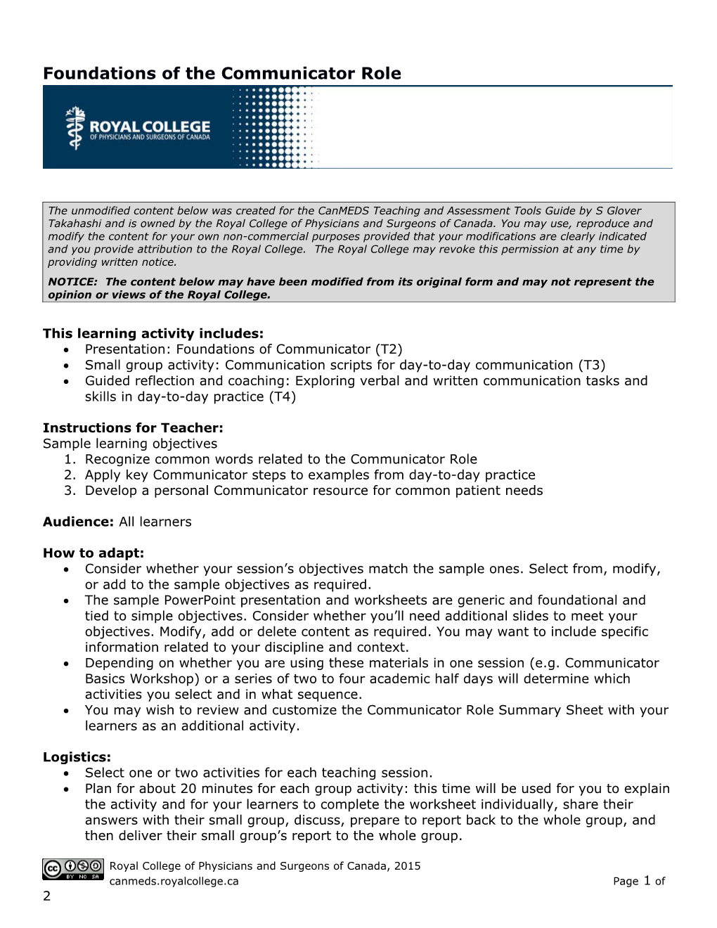 Canmeds Teaching and Assessment Tools Guide Communicator Teaching Tool T1