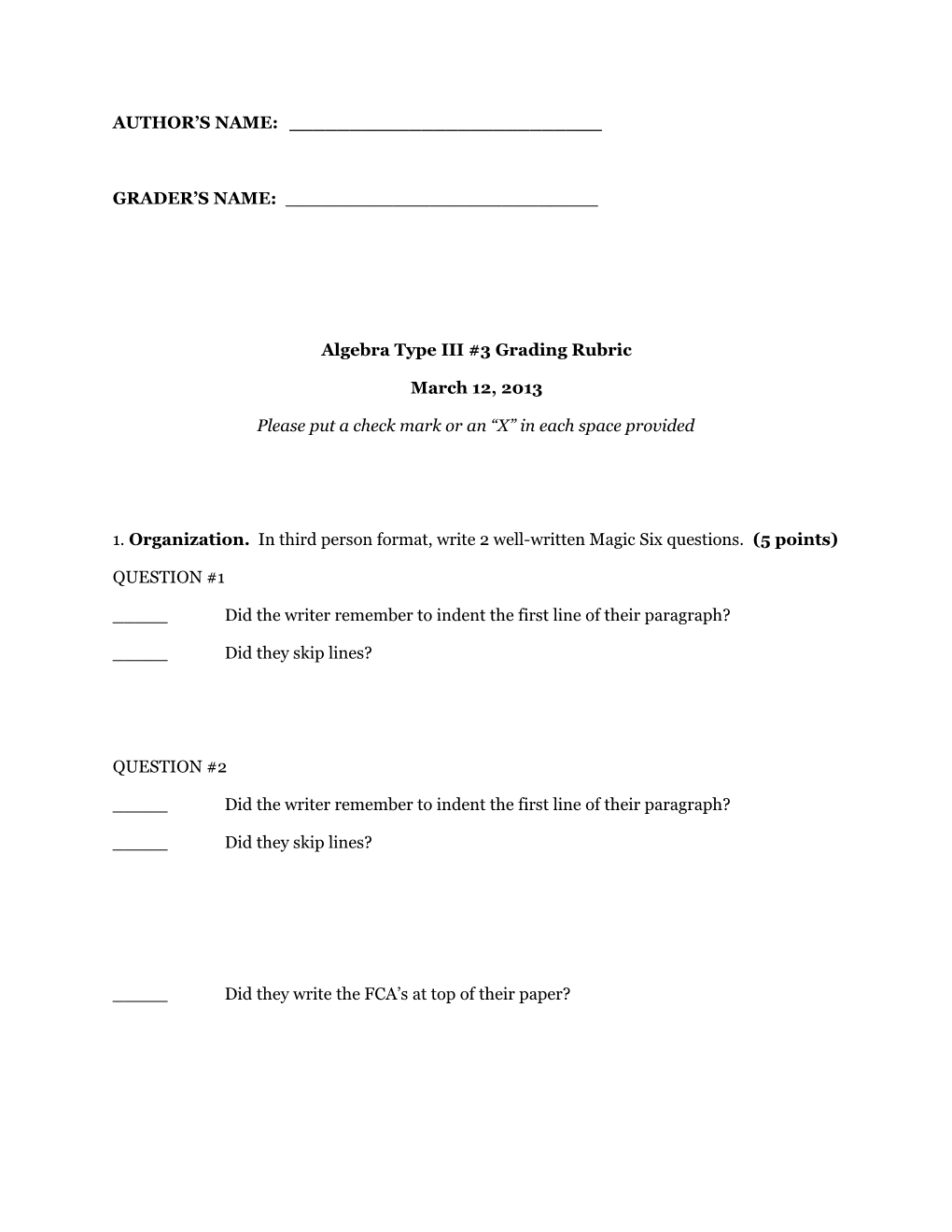 Algebra Type III #3Grading Rubric