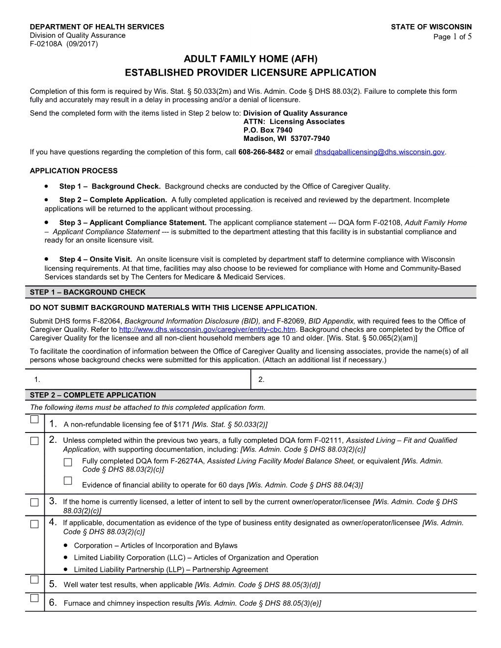 Adult Family Home - Established Provider Licensure Application, F-02108A