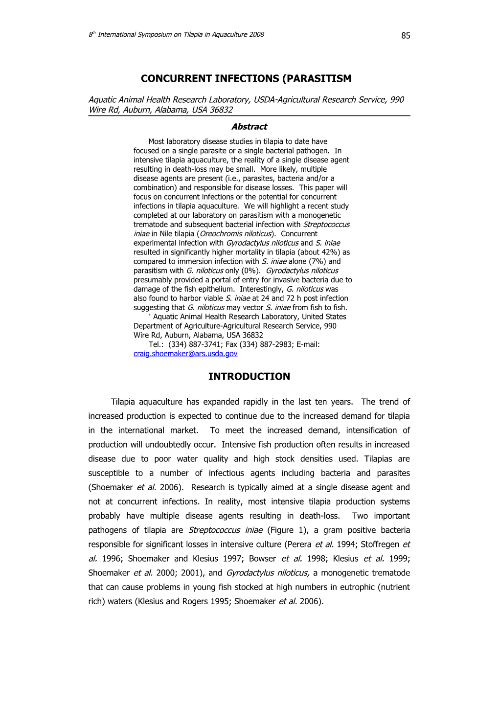 Concurrent Infections (Parasitism and Bacterial Disease) in Nile Tilapia