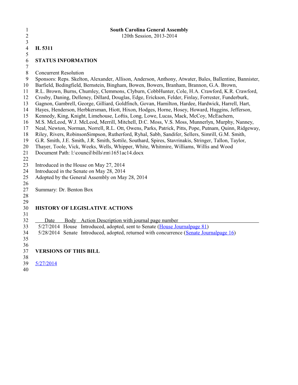 2013-2014 Bill 5311: Dr. Benton Box - South Carolina Legislature Online