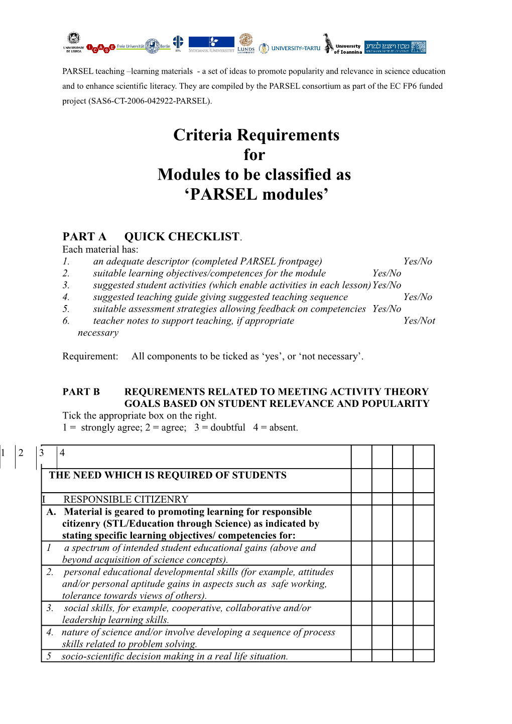 PARSEL Criteria Requirements for Inclusion As a PARSEL Module (PARSEL = Promoting Popularity