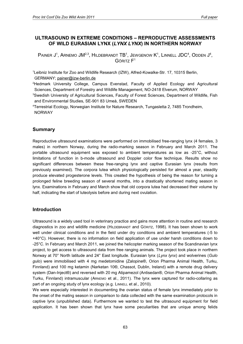 Ultrasound in Extreme Conditions Reproductive Assessments of Wild Eurasian Lynx (Lynx Lynx)