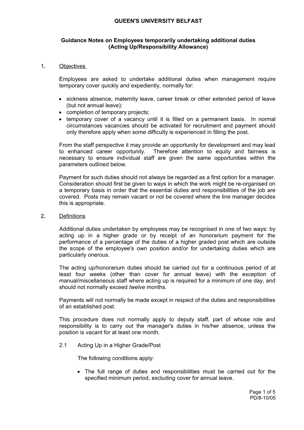 Guidance Notes on Employees Temporarily Undertaking Additional Duties