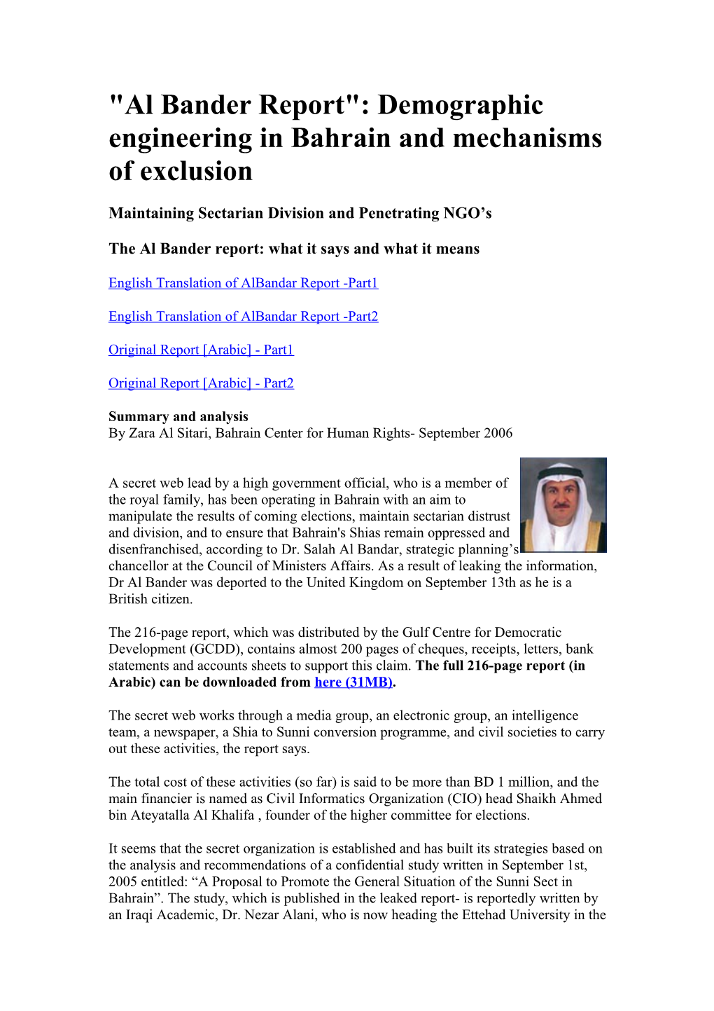 Al Bander Report : Demographic Engineering in Bahrain and Mechanisms of Exclusion