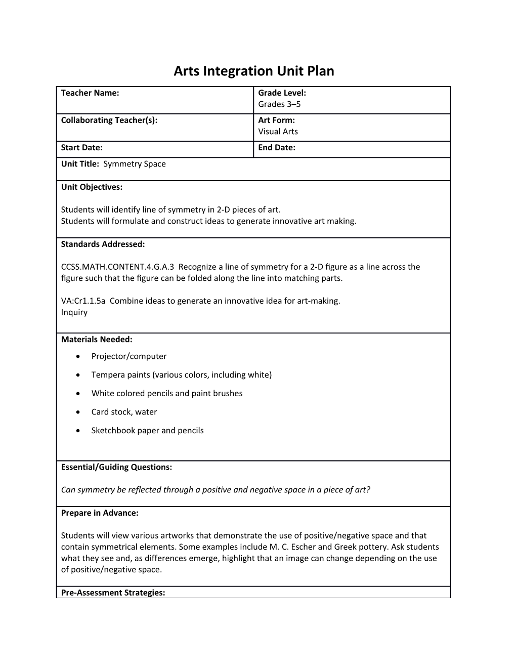 Arts Integration Unit Plan