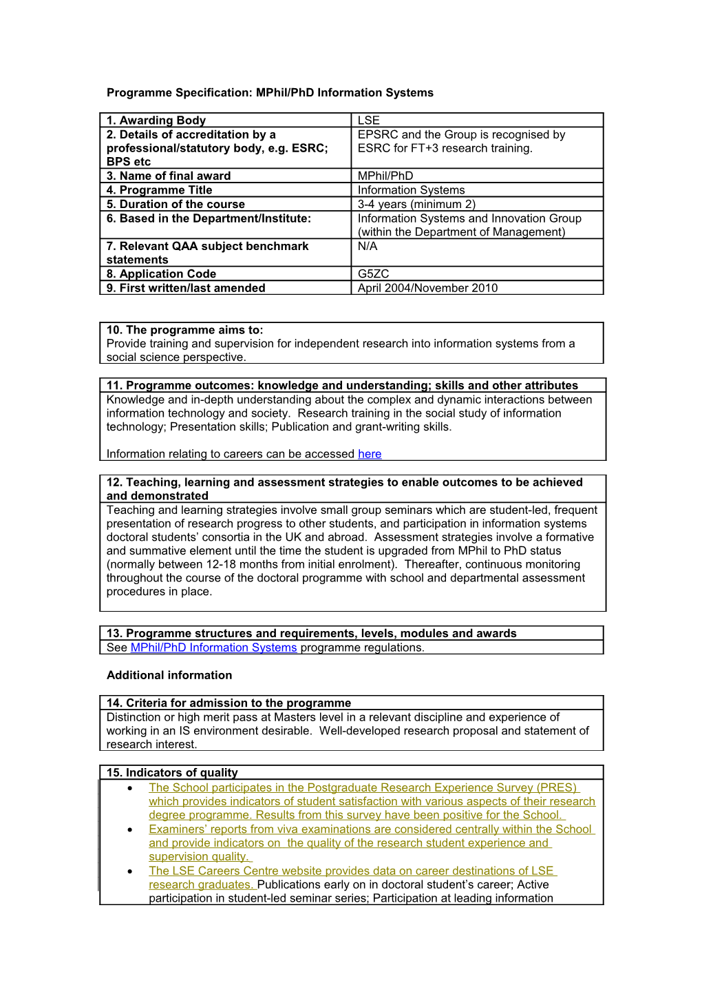 Programme Specification: Mphil/Phd Information Systems