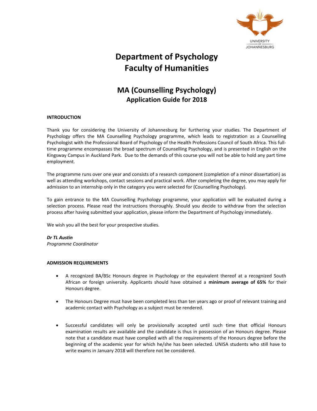 2016 UJ M Application Guide - Counselling Psychology
