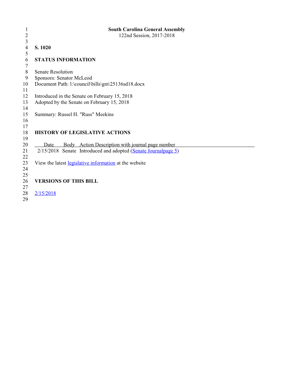 2017-2018 Bill 1020: Russel H. Russ Meekins - South Carolina Legislature Online