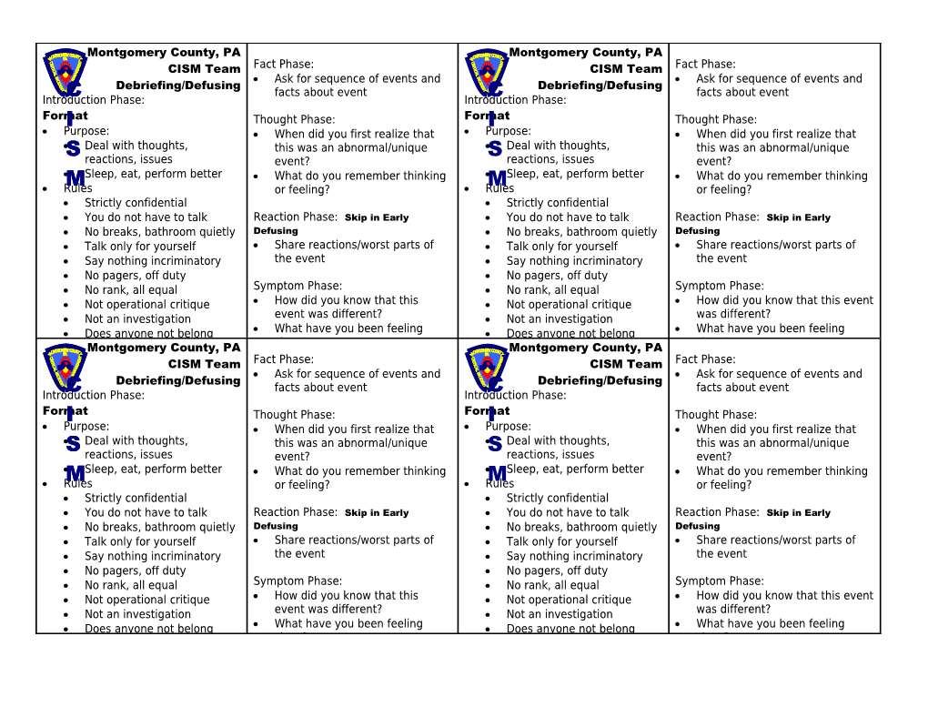 Montco CISM Debriefing Card Side 1