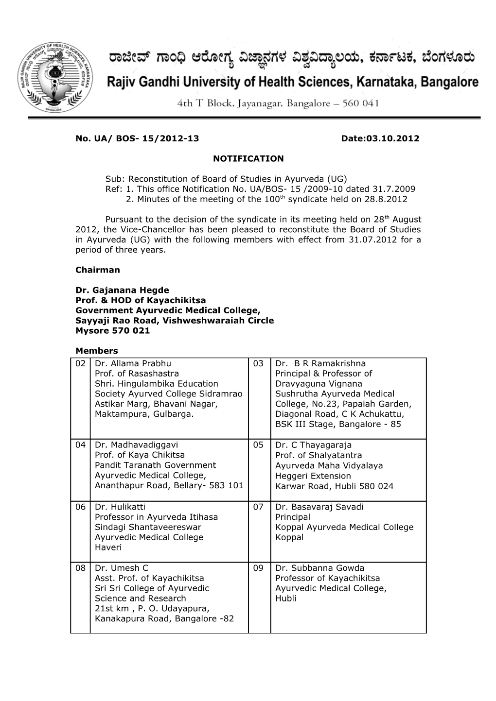 Sub: Reconstitution of Board of Studies in Ayurveda (UG)