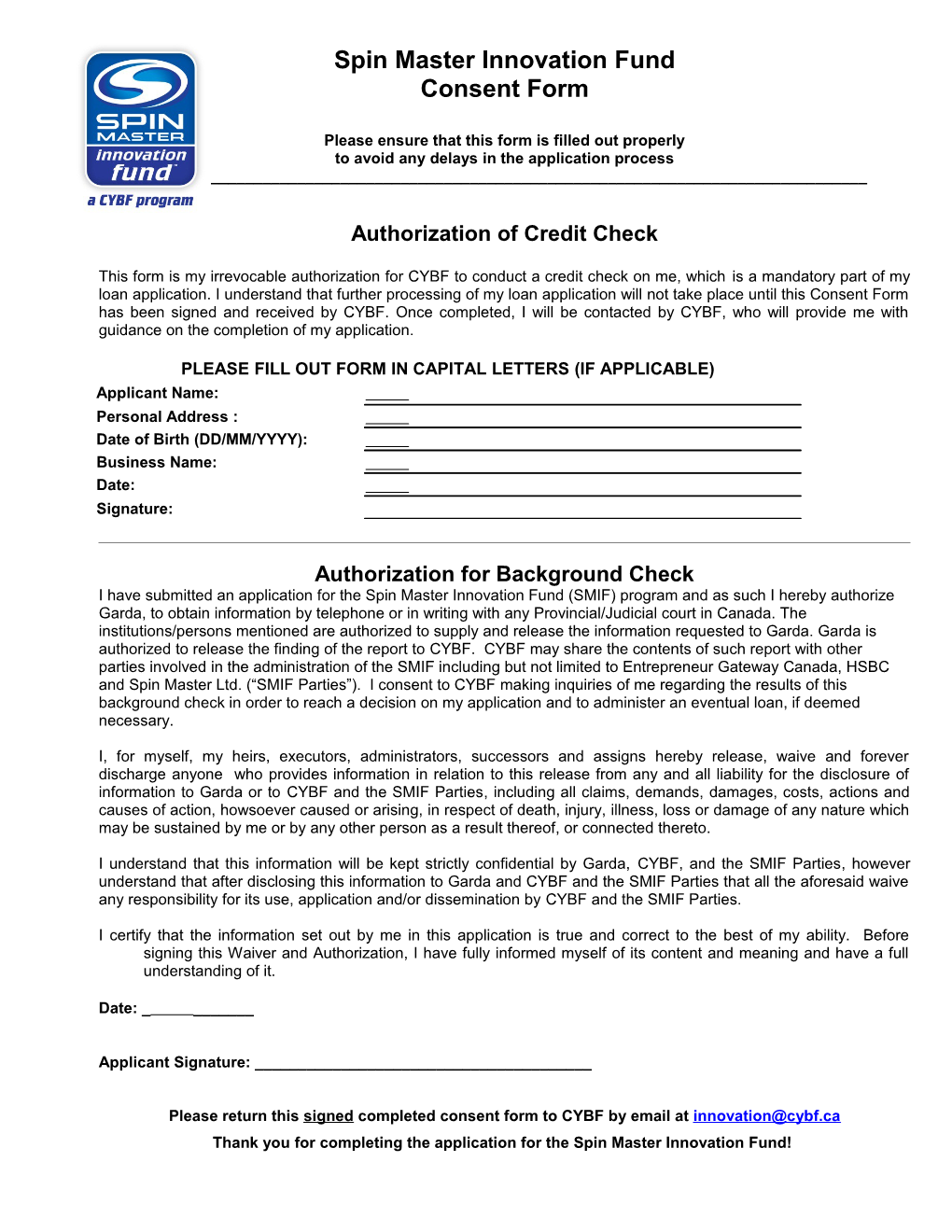 Consent Form Authorization of Credit Check