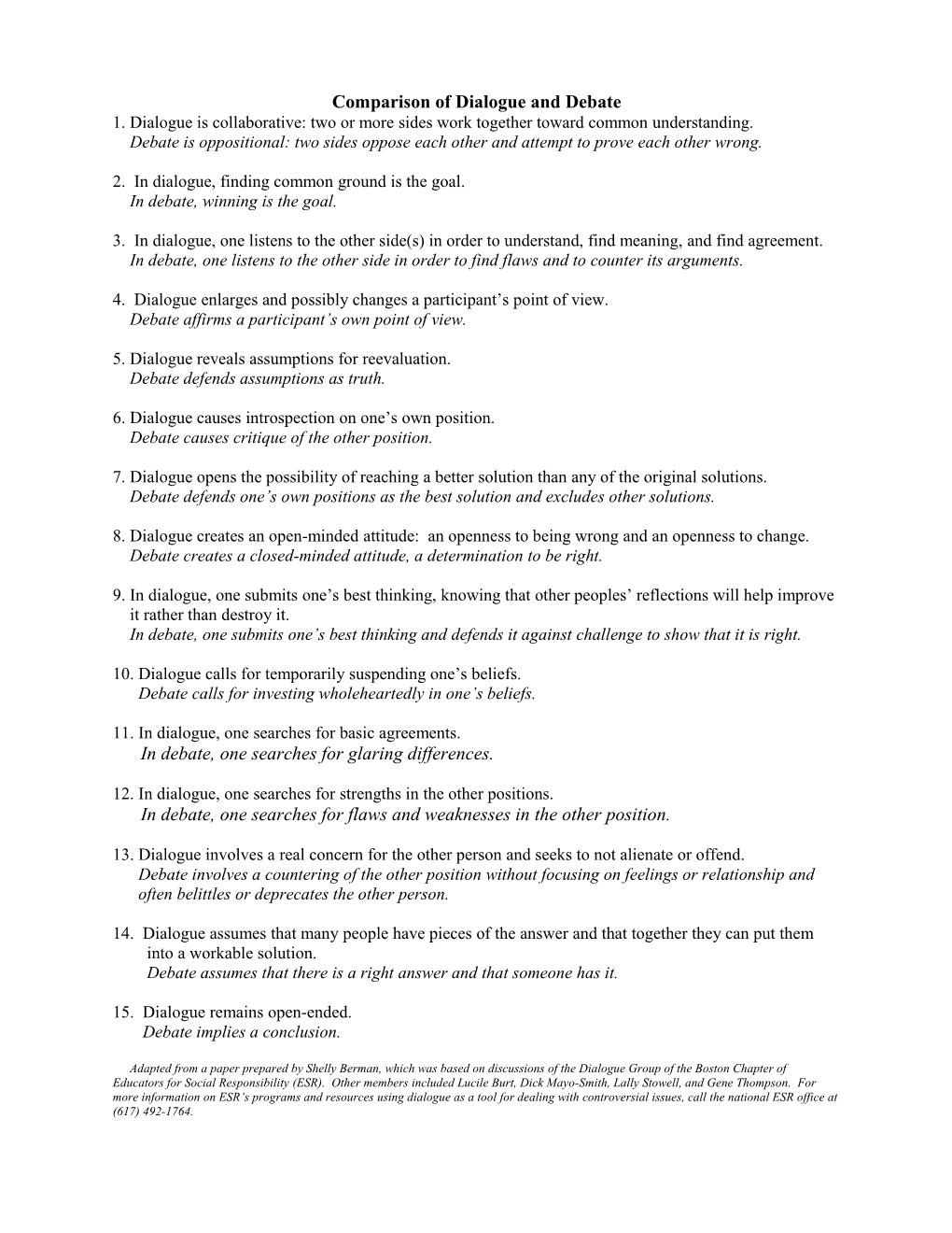 Comparison of Dialogue and Debate